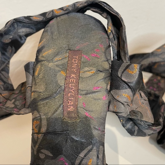 Tony Keuylian Black Floral Ankle Wrap Open Toe Satin Wedge Heels - Picture 9 of 10